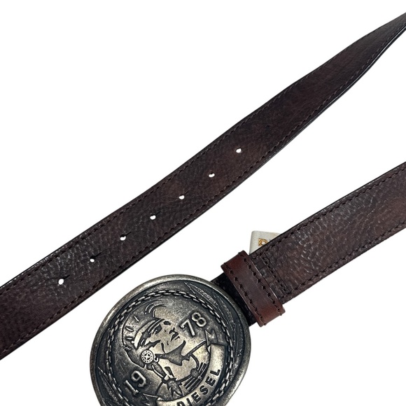 Diesel Mohawk Indian Chief Cow Leather Brown Big Brass Brown Belt Mens 100cm - Picture 3 of 11